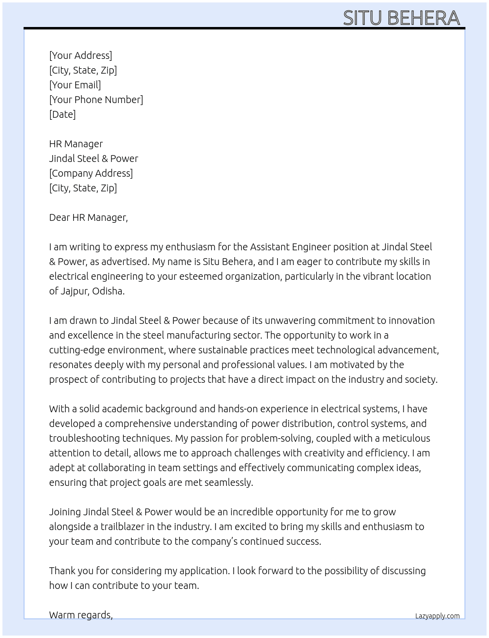 Cover letter for assistant engineer - LazyApply