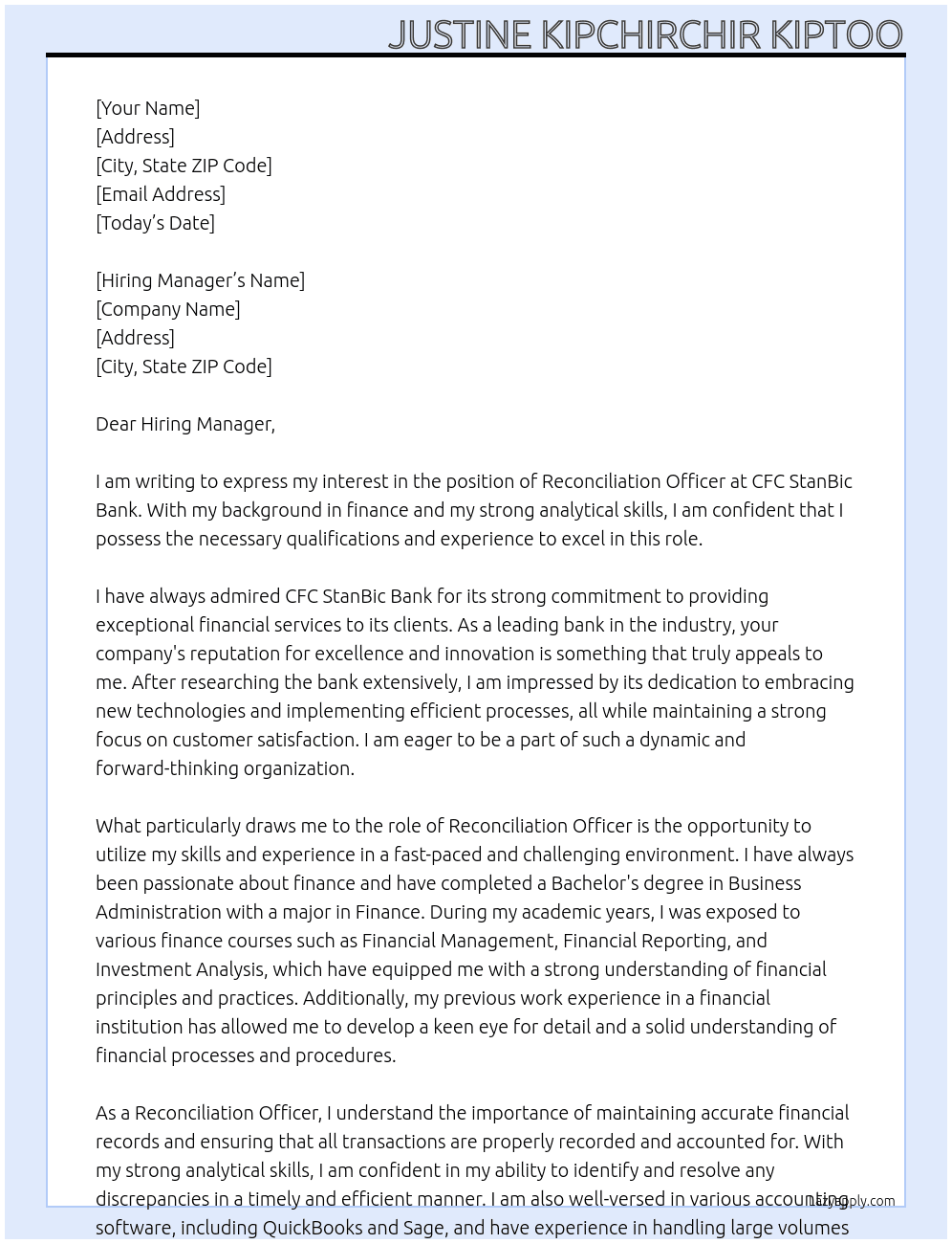Reconcilliation Officer At CFC StanBic Bank Cover Letter