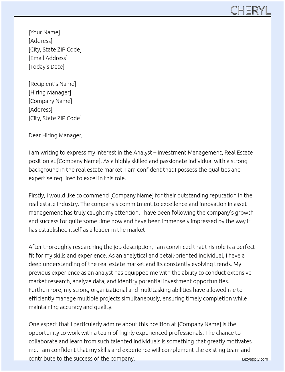 Analyst - Investment Management, Real Estate At real estate asset manager Cover Letter