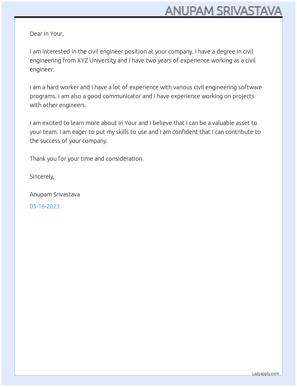 civil engineer At in your Cover Letter