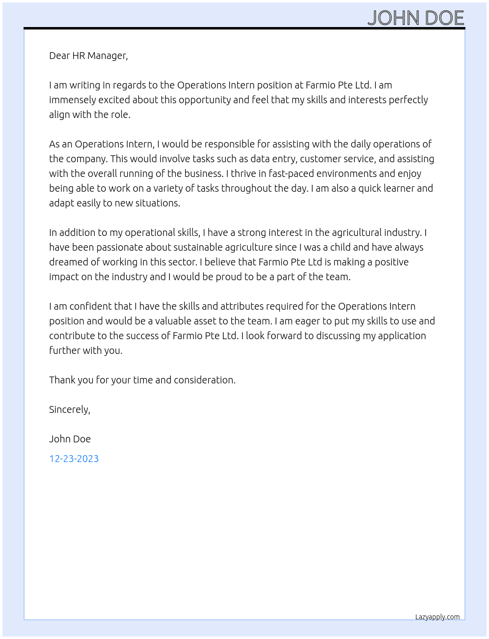 Operations Intern At Farmio Pte Ltd Cover Letter