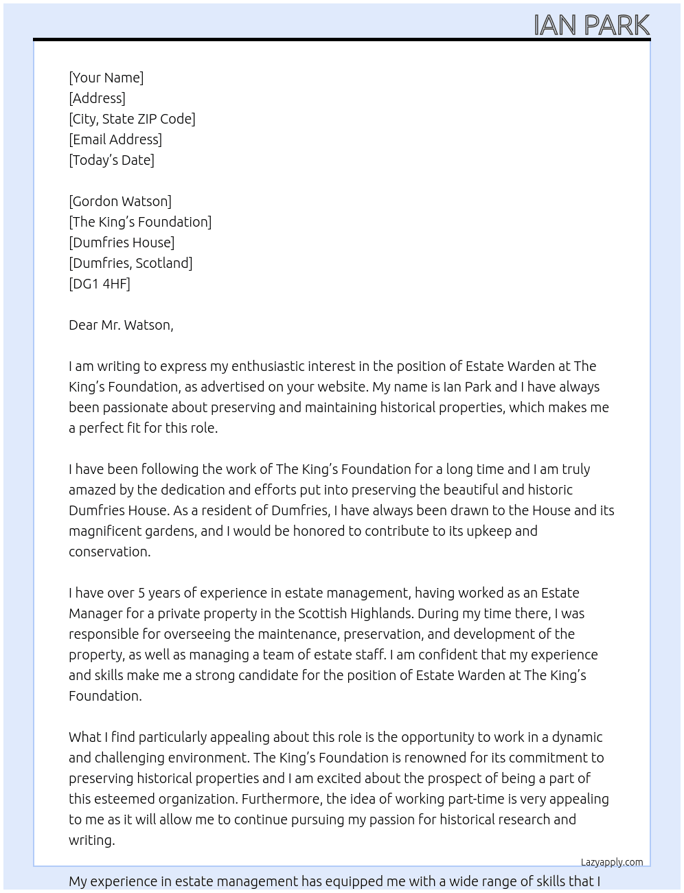 Estate Warden At The King's Foundation Cover Letter
