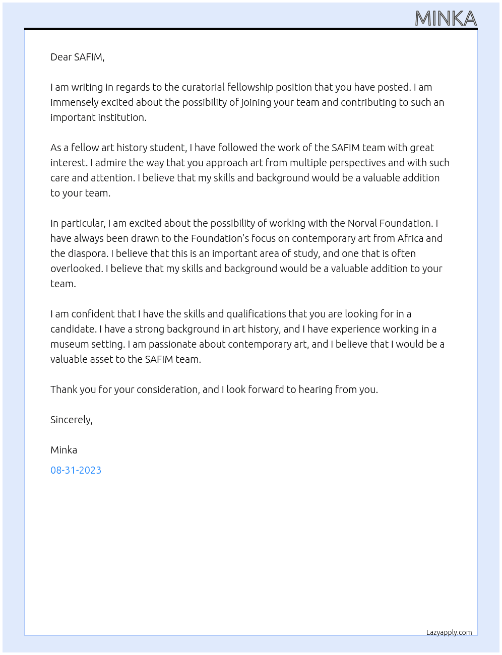 curatorial fellowship At SAFIM  Cover Letter