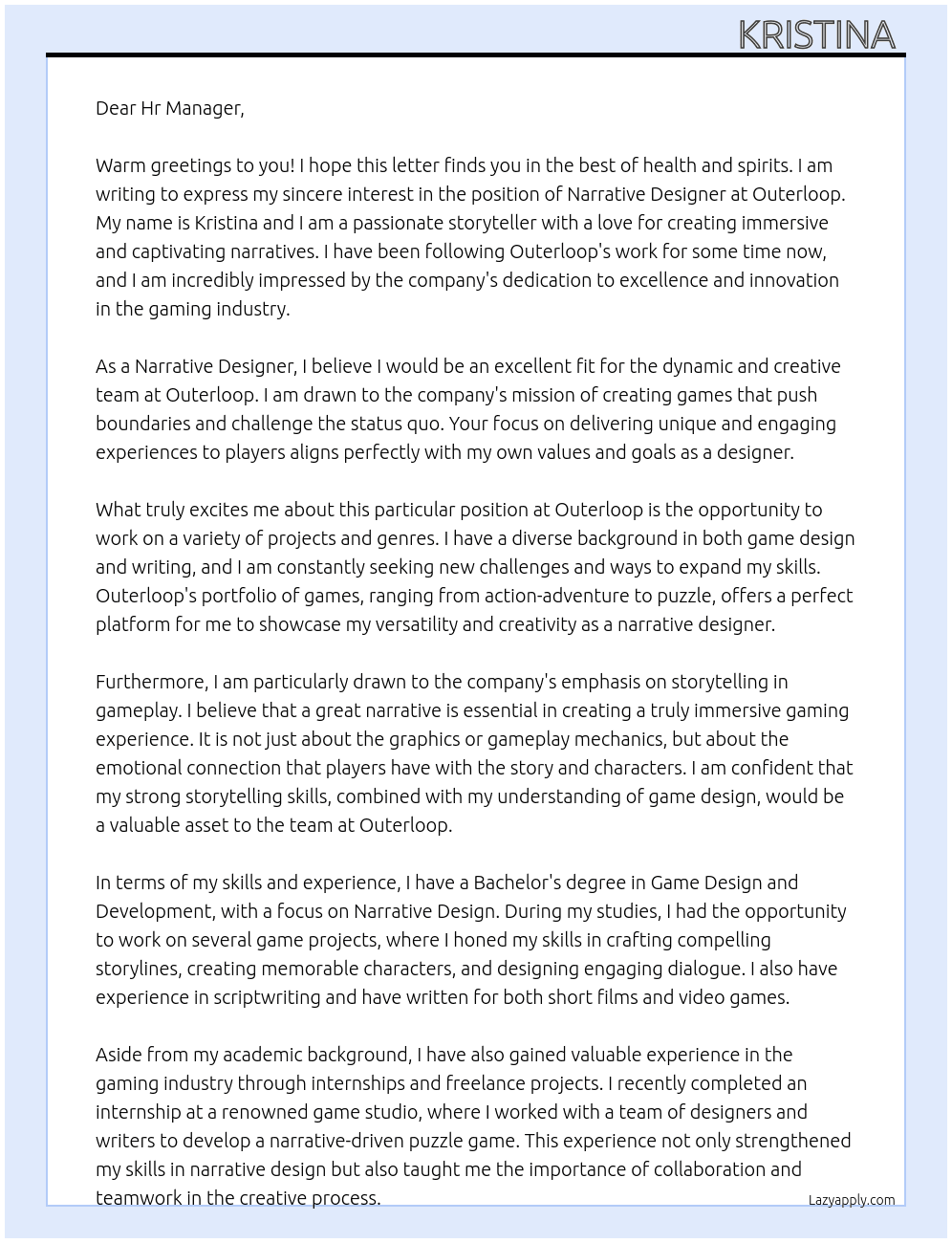 narrative designer At Outerloop Cover Letter