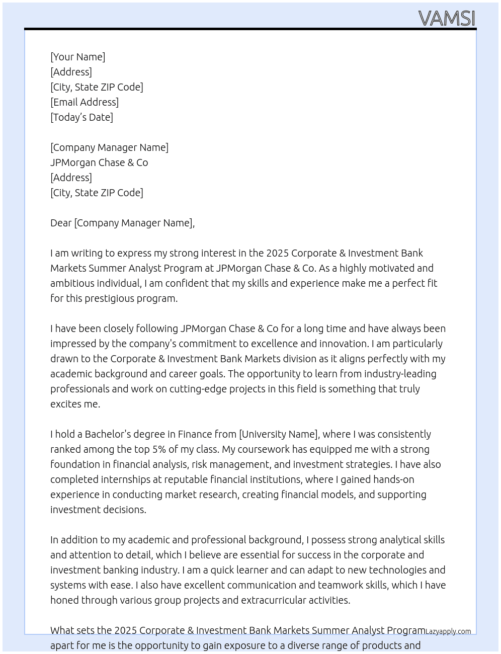 2025 Corporate & Investment Bank Markets Summer Analyst Program At JPMorgan Chase & Co logo Cover Letter