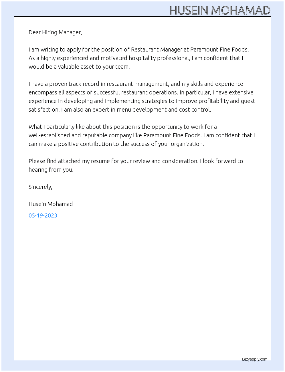 Restaurant Manager At Paramount Fine Foods Cover Letter