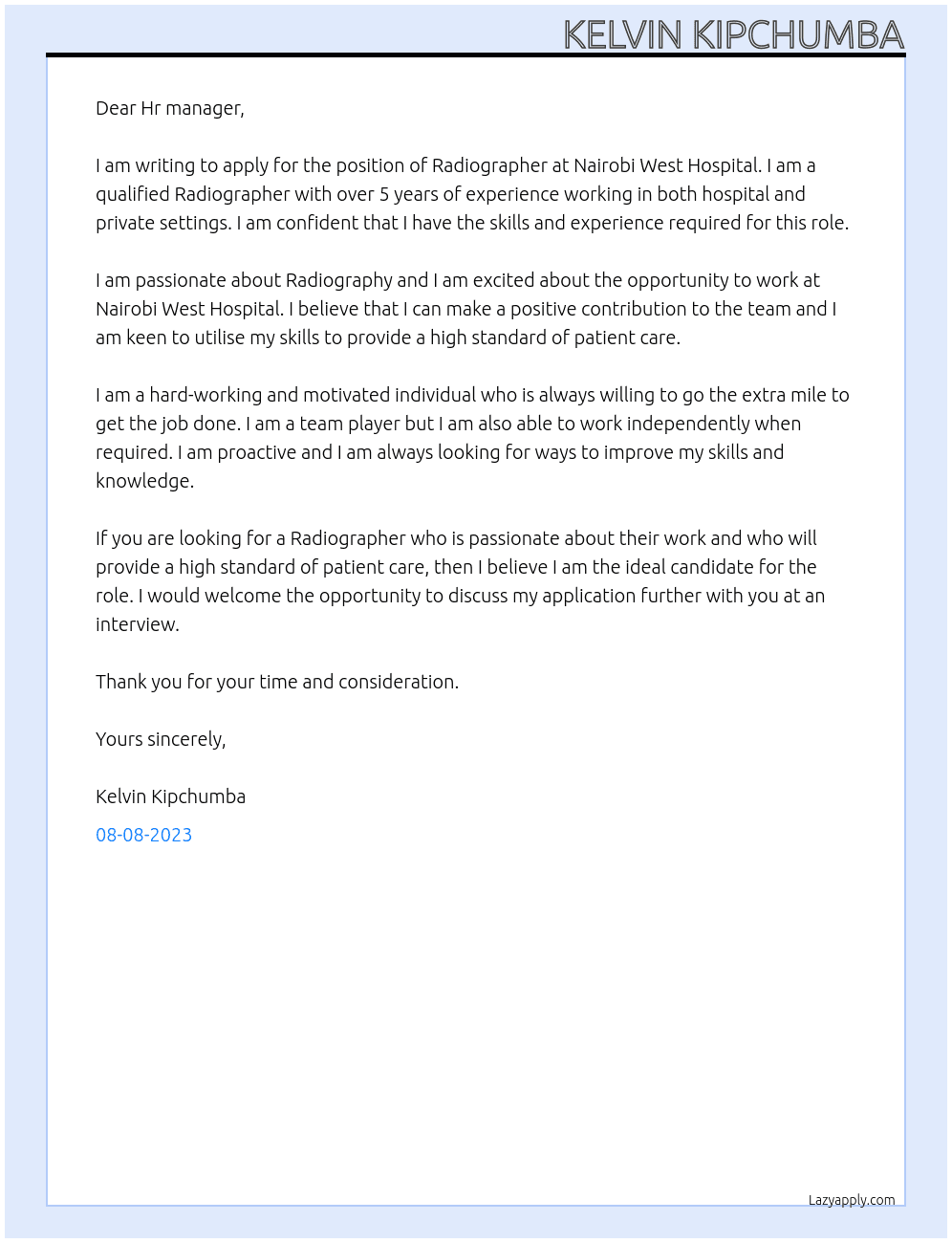 Radiographer  At Nairobi West Hospital  Cover Letter