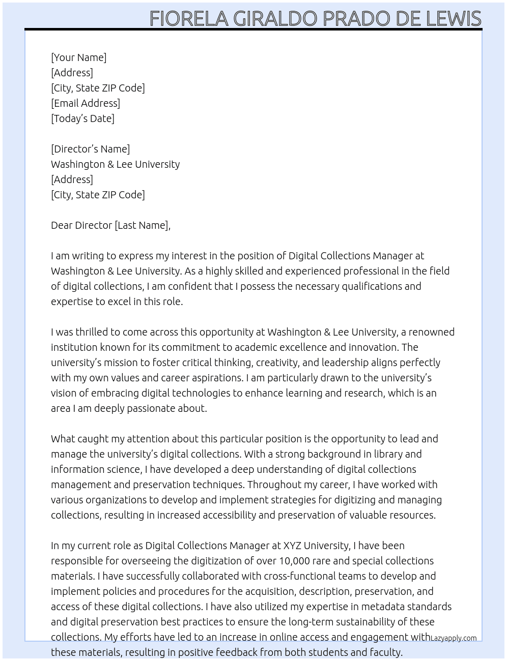 Digital Collections Manager At Washington & Lee University  Cover Letter