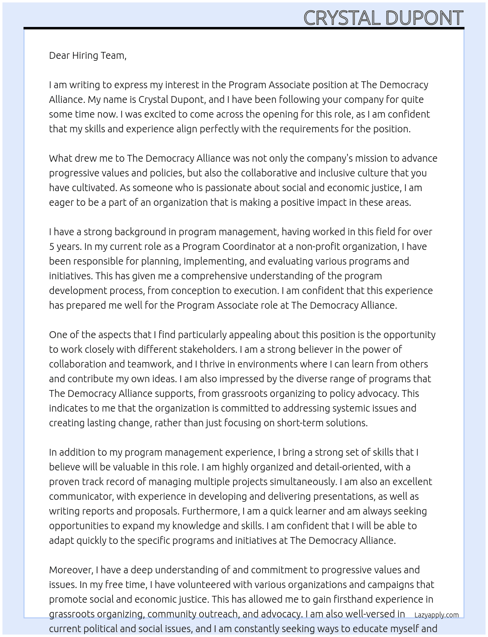 Program Associate At The Democracy Alliance Cover Letter