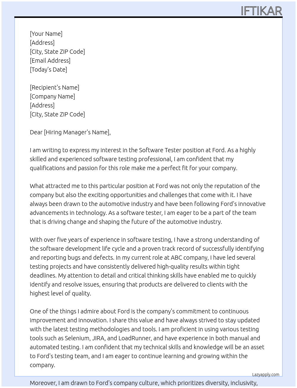 Software Tester At Ford Cover Letter