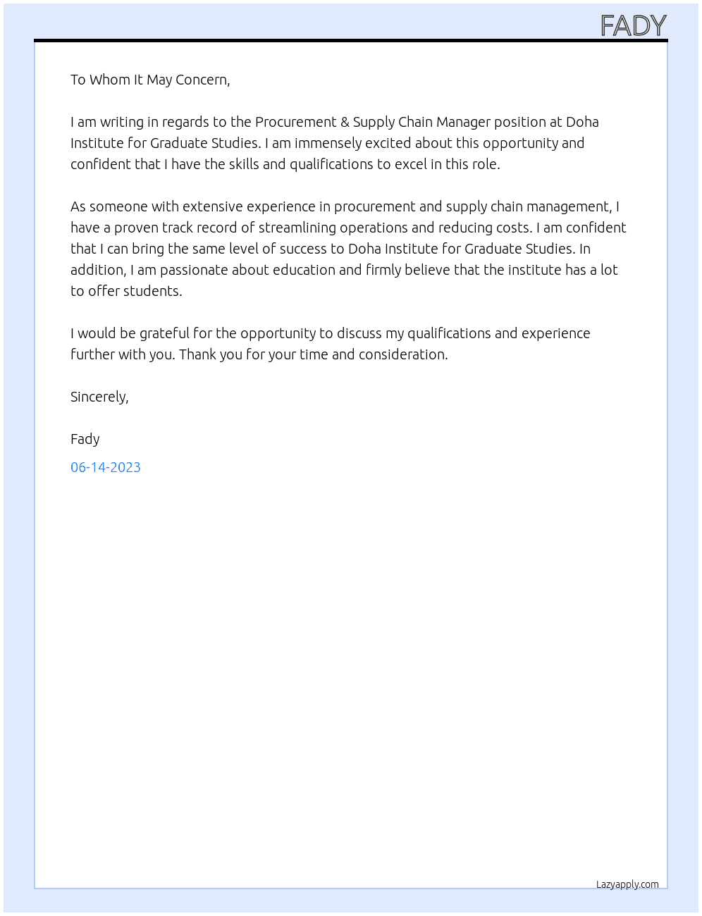 Procurement & Supply Chain Manager At Doha Institute for Graduate Studies Cover Letter
