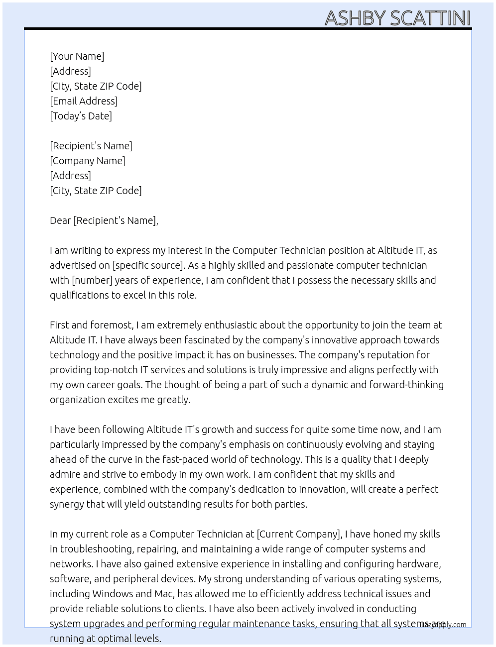 Computer Technician At Altitude IT Cover Letter