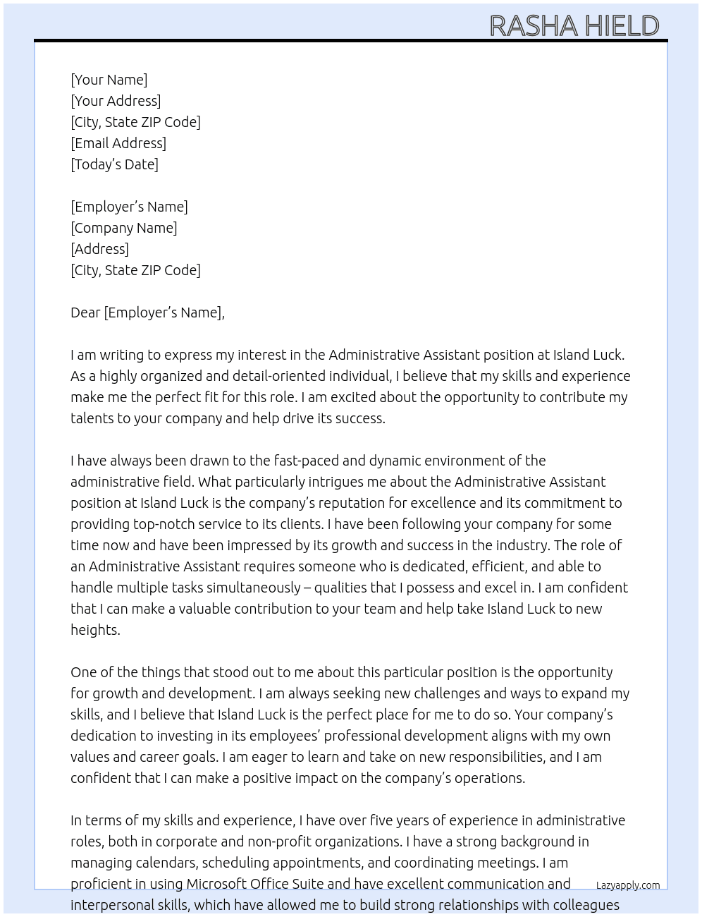 Administrative assistant  At Island luck Cover Letter