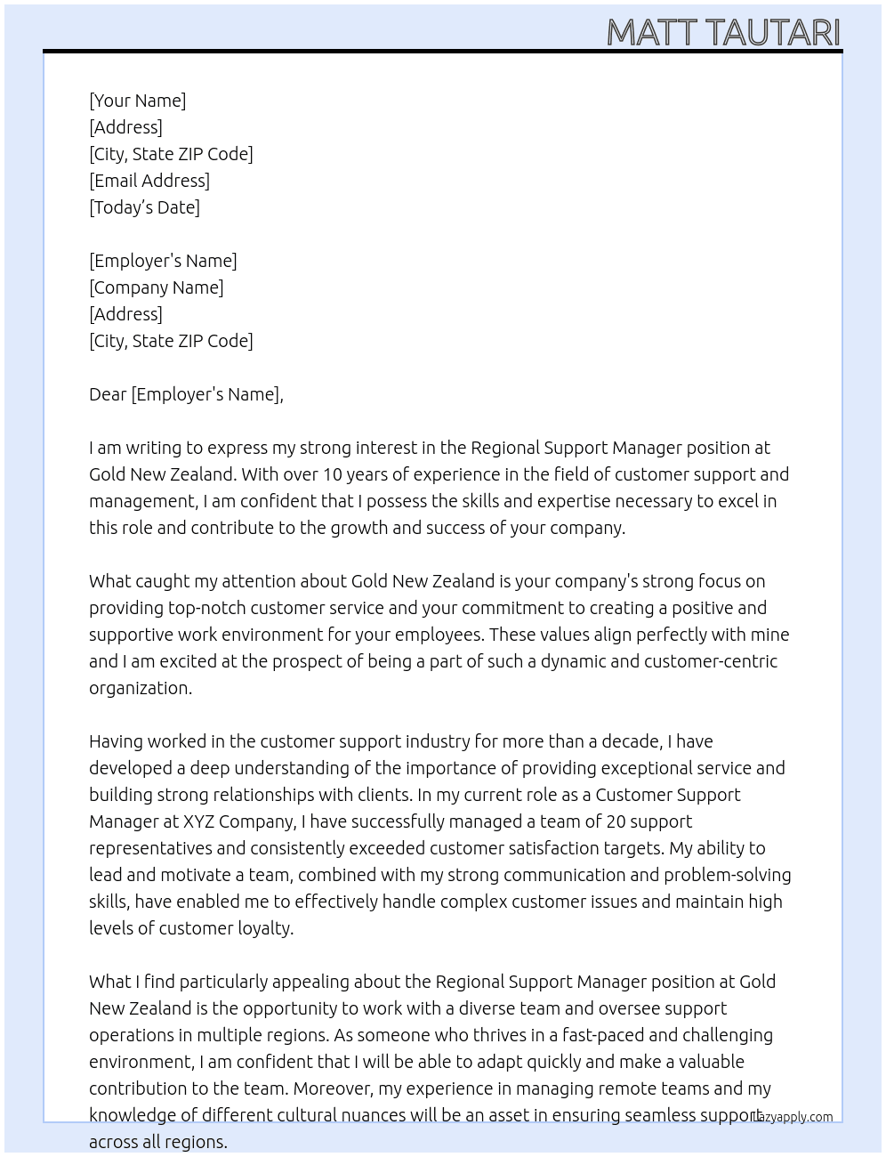 Regional Support Manager At Gold New Zealand Cover Letter