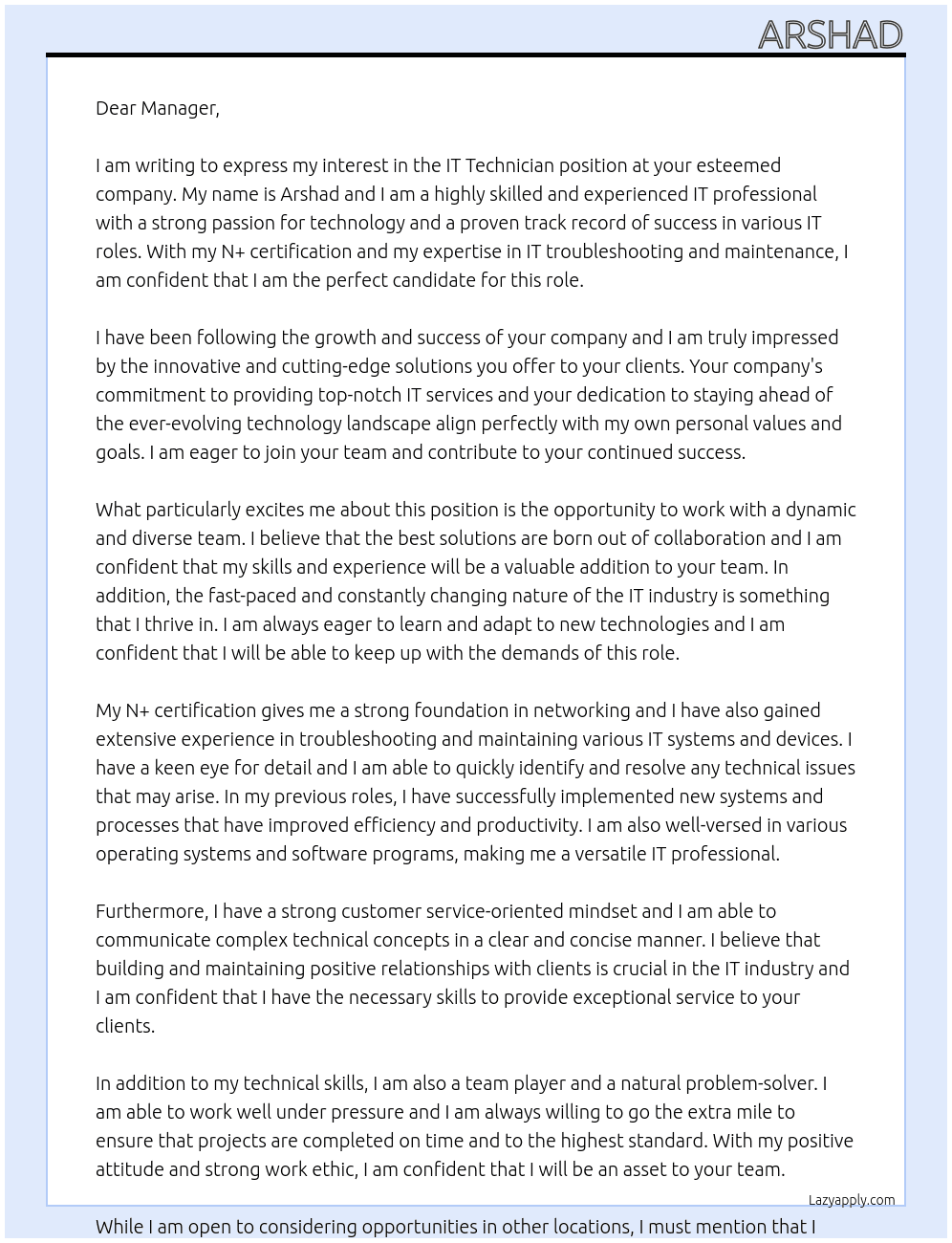 IT Technician At . Cover Letter