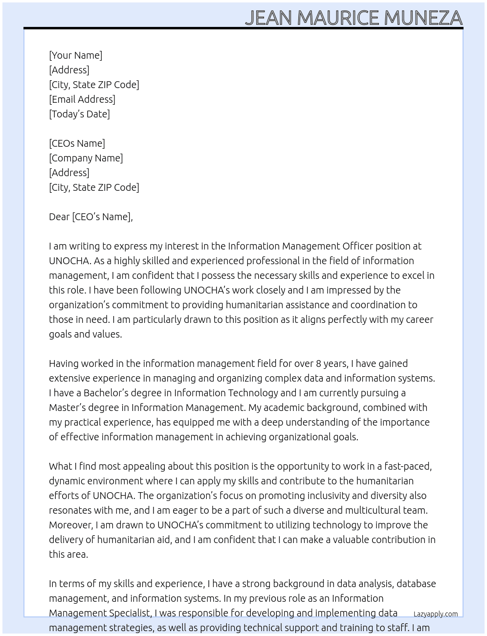 Information Management Officer  At UNOCHA Cover Letter