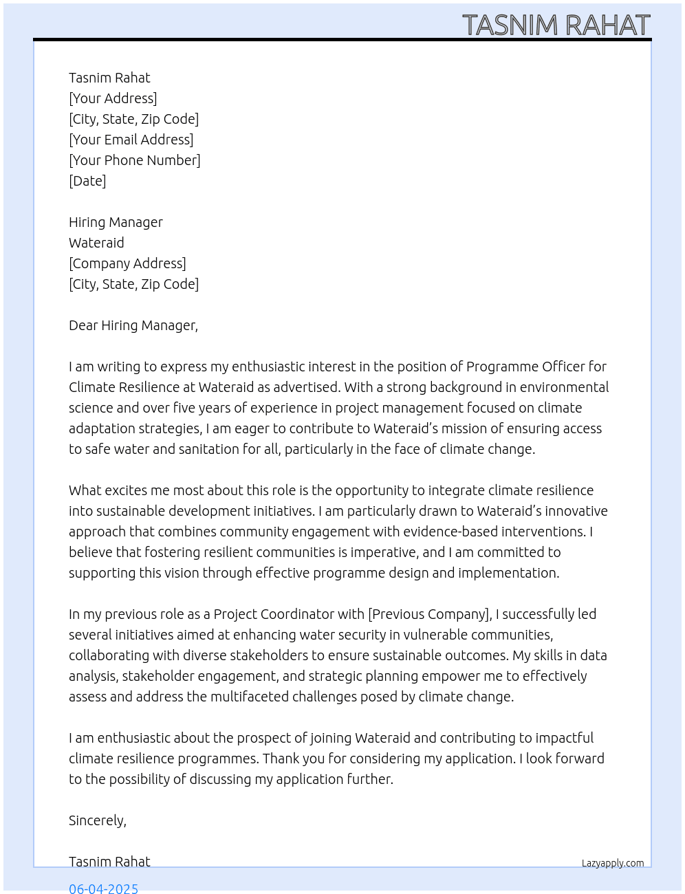 Programme Officer for Climate Resilence  At Wateraid Cover Letter