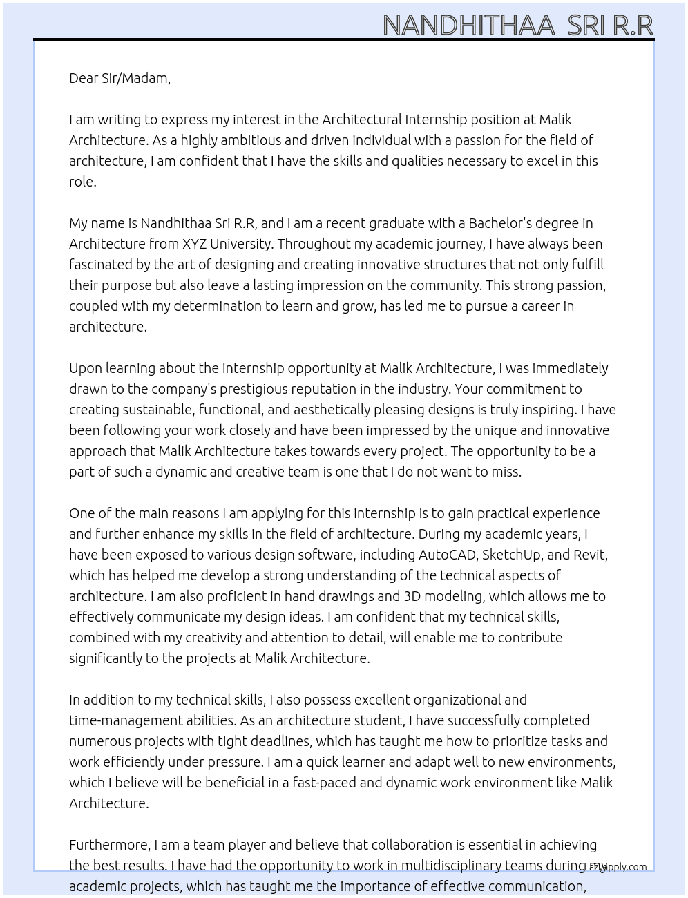 Architectural internship  At Malik architecture  Cover Letter