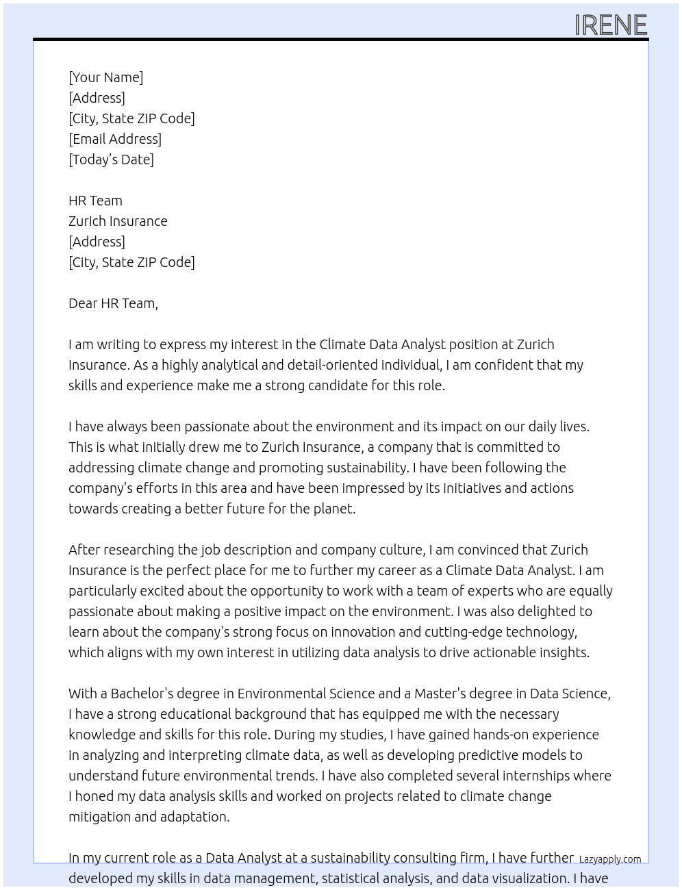 Climate Data Analyst At Zurich Insurance Cover Letter