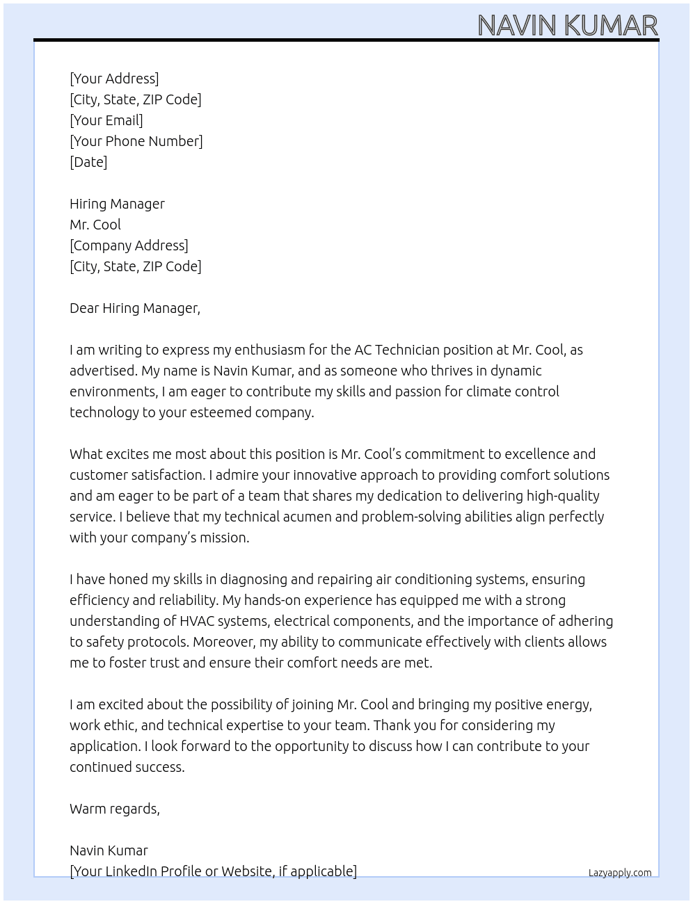 Ac technician  At Mr cool Cover Letter