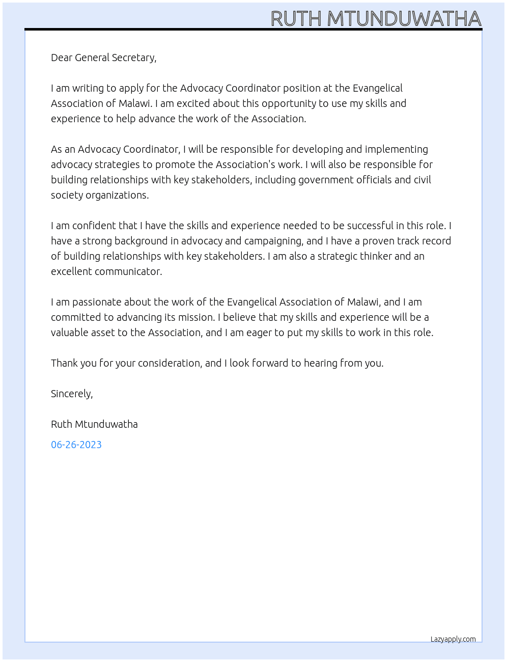 Advocacy Coordinator At Evangelical Association of Malawi Cover Letter