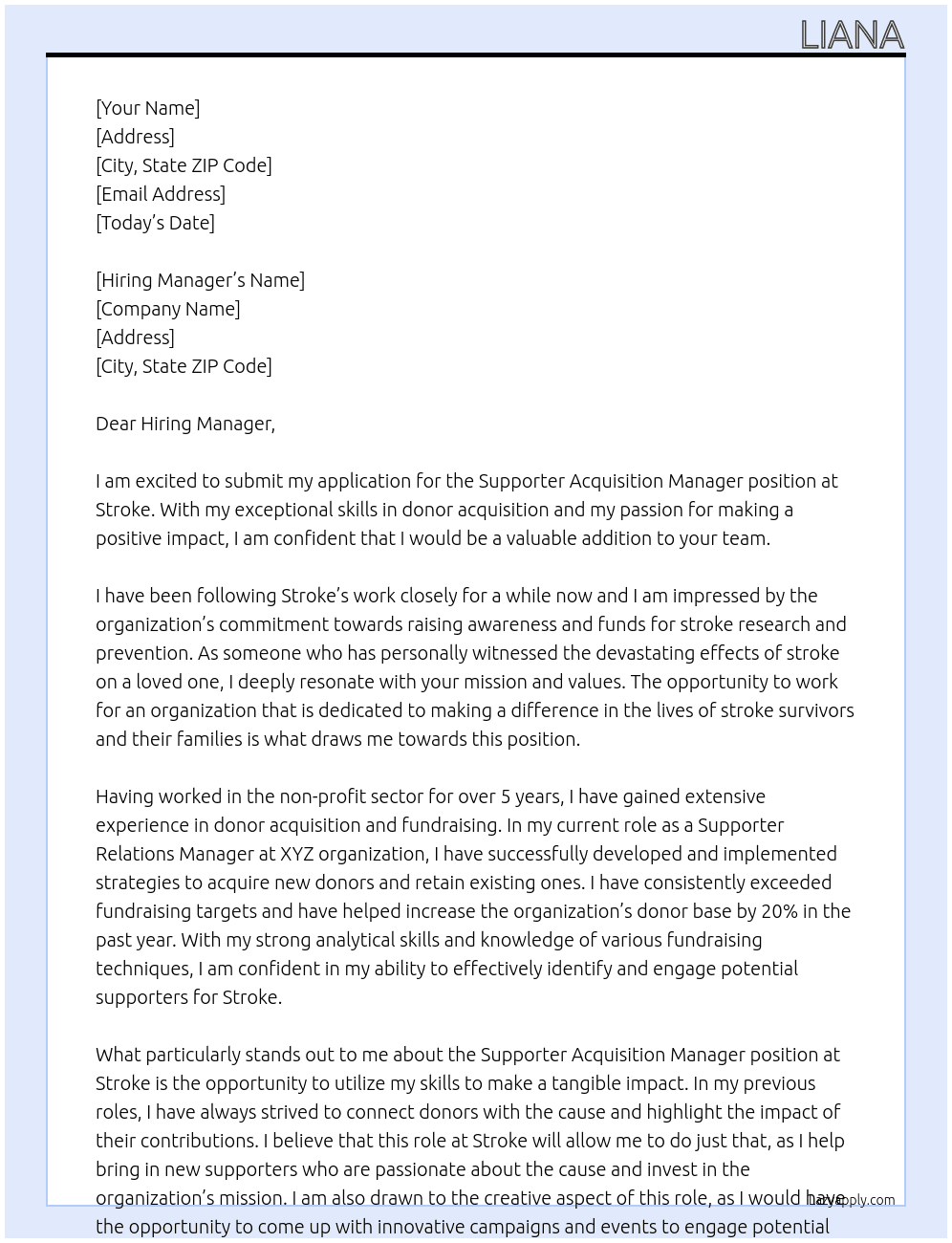 Supporter Acquisition Manager At Stroke Cover Letter