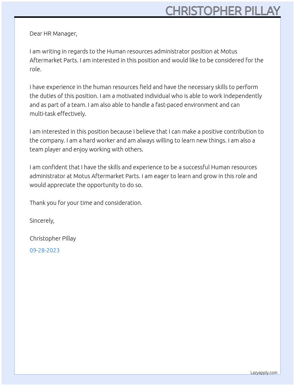 Human resources administrator  At Motus Aftermarket Parts Cover Letter