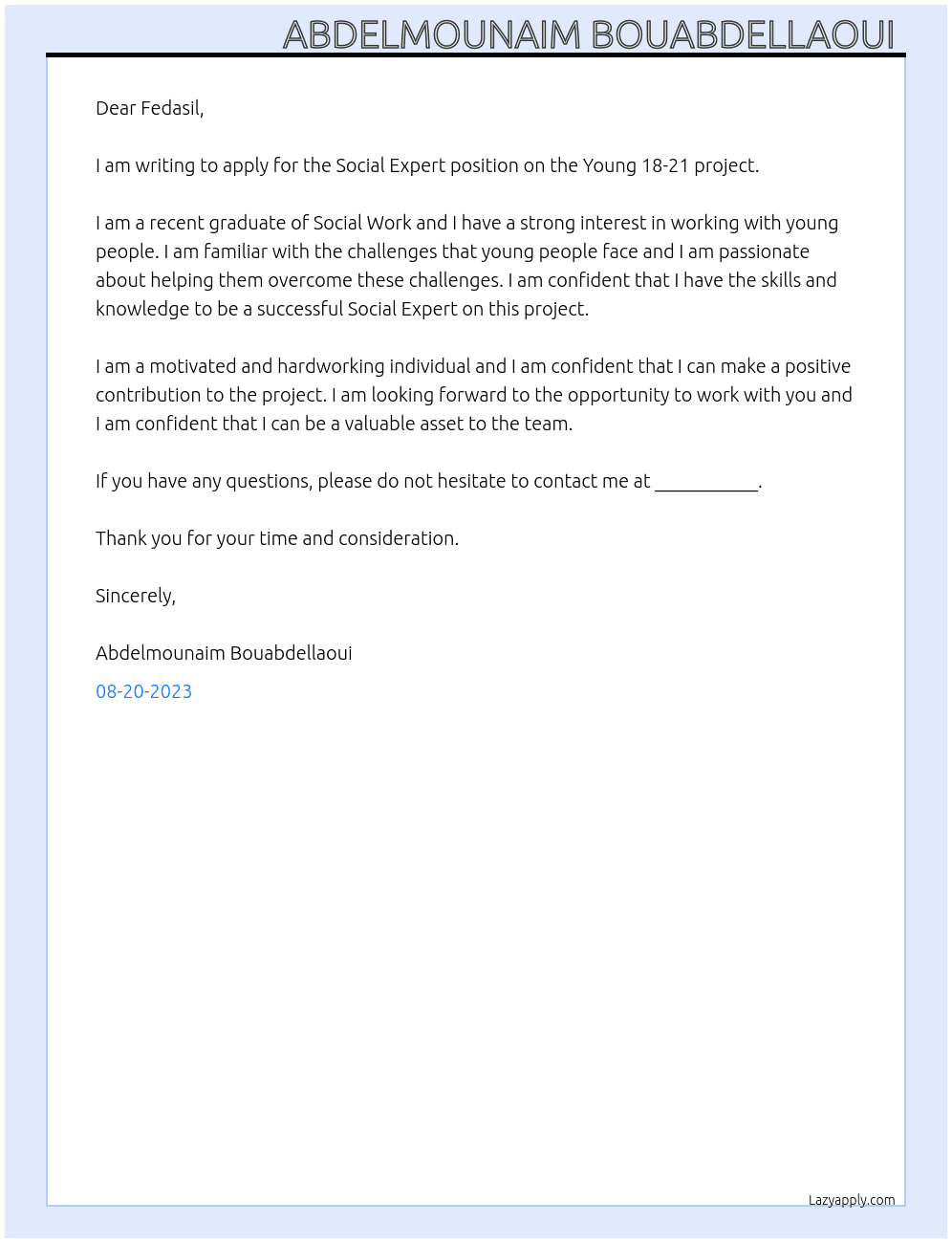 Social expert - project 'Young 18-21' At Fedasil  Cover Letter