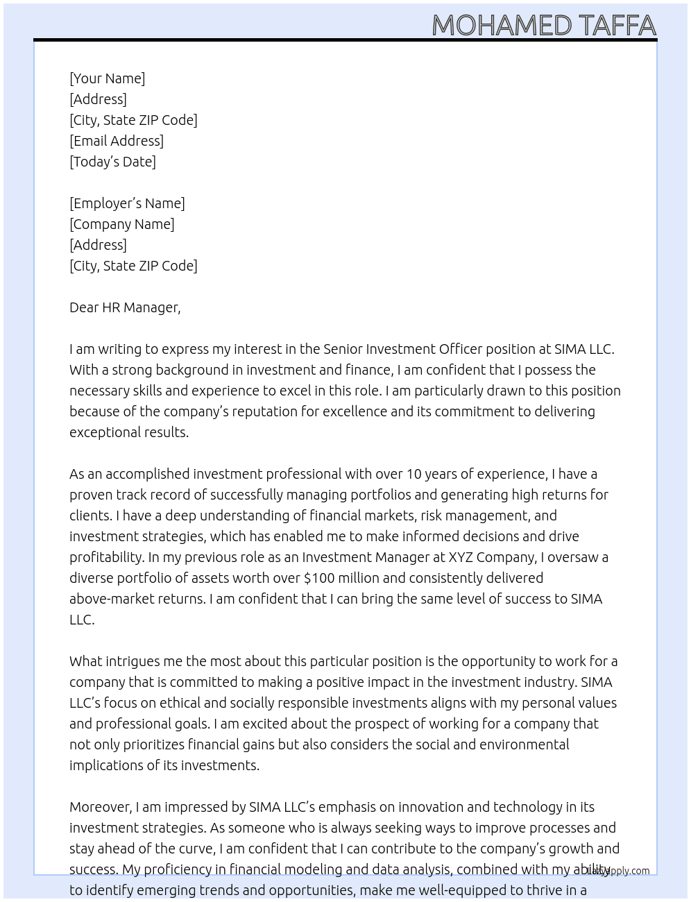 Senior investment officer  At SIMA LLC Cover Letter