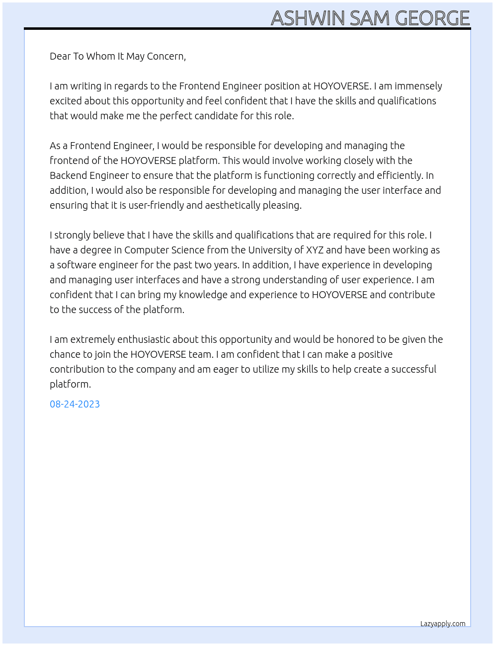 Frontend Engineer - Fresh Grad At HOYOVERSE Cover Letter