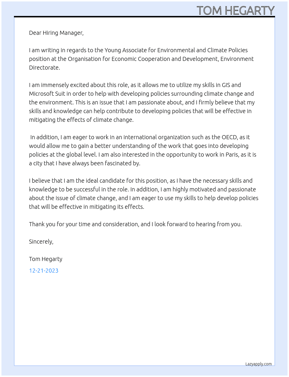 Young Associate for Environmental and Climate Policies At Organisation for Economic Cooperation and Development, Environment Directorate Cover Letter