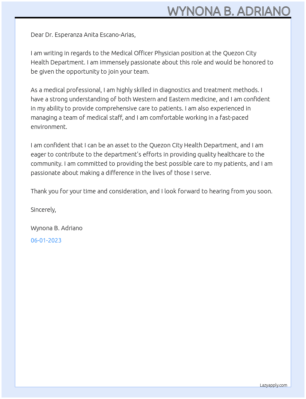 Medical Officer Physician At Quezon City Health Department Cover Letter