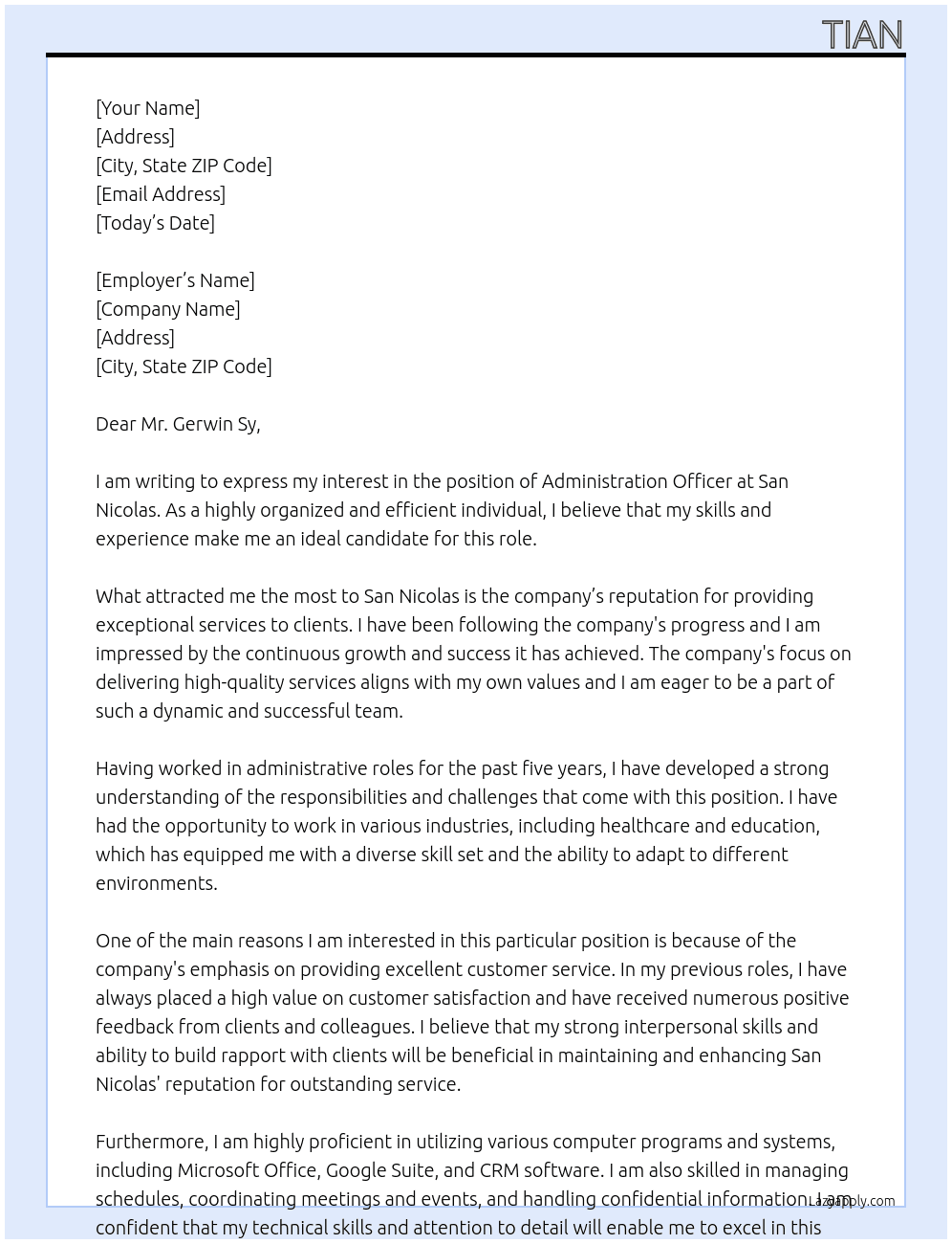 Administration officer At San nicolas Cover Letter