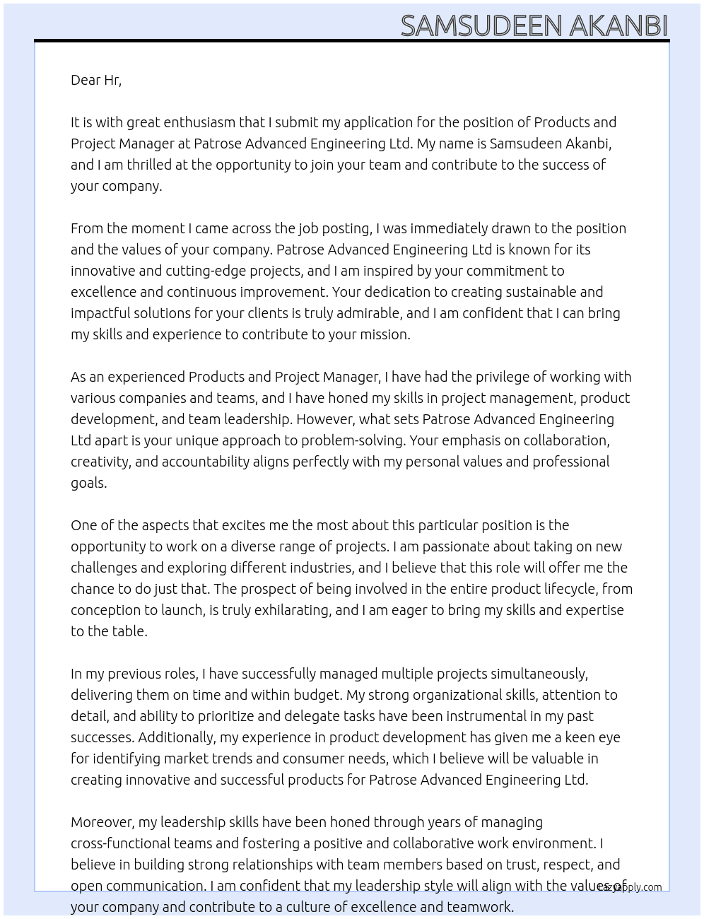 Products and project manager  At Patrose Advanced Engineering ltd Cover Letter