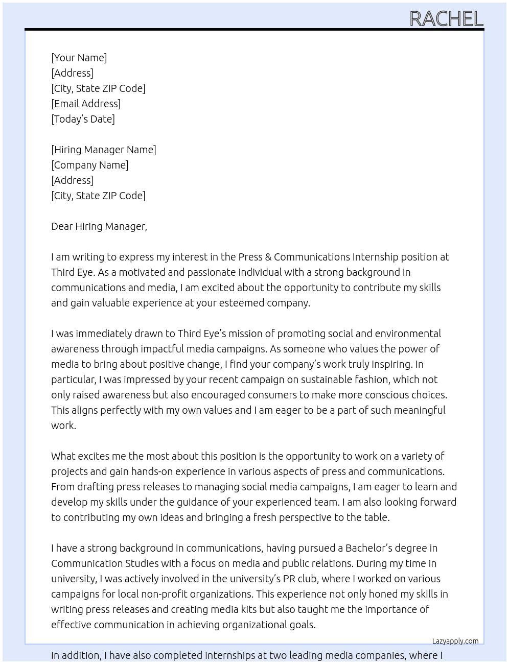 Press & Communications Internship At Third Eye Cover Letter