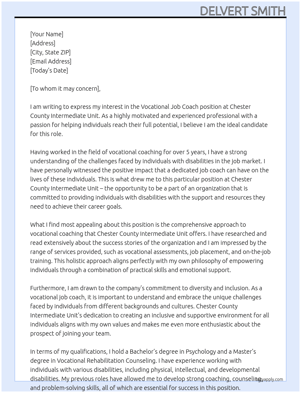 Vocational Job Coach At Chester County Intermediate Unit Cover Letter