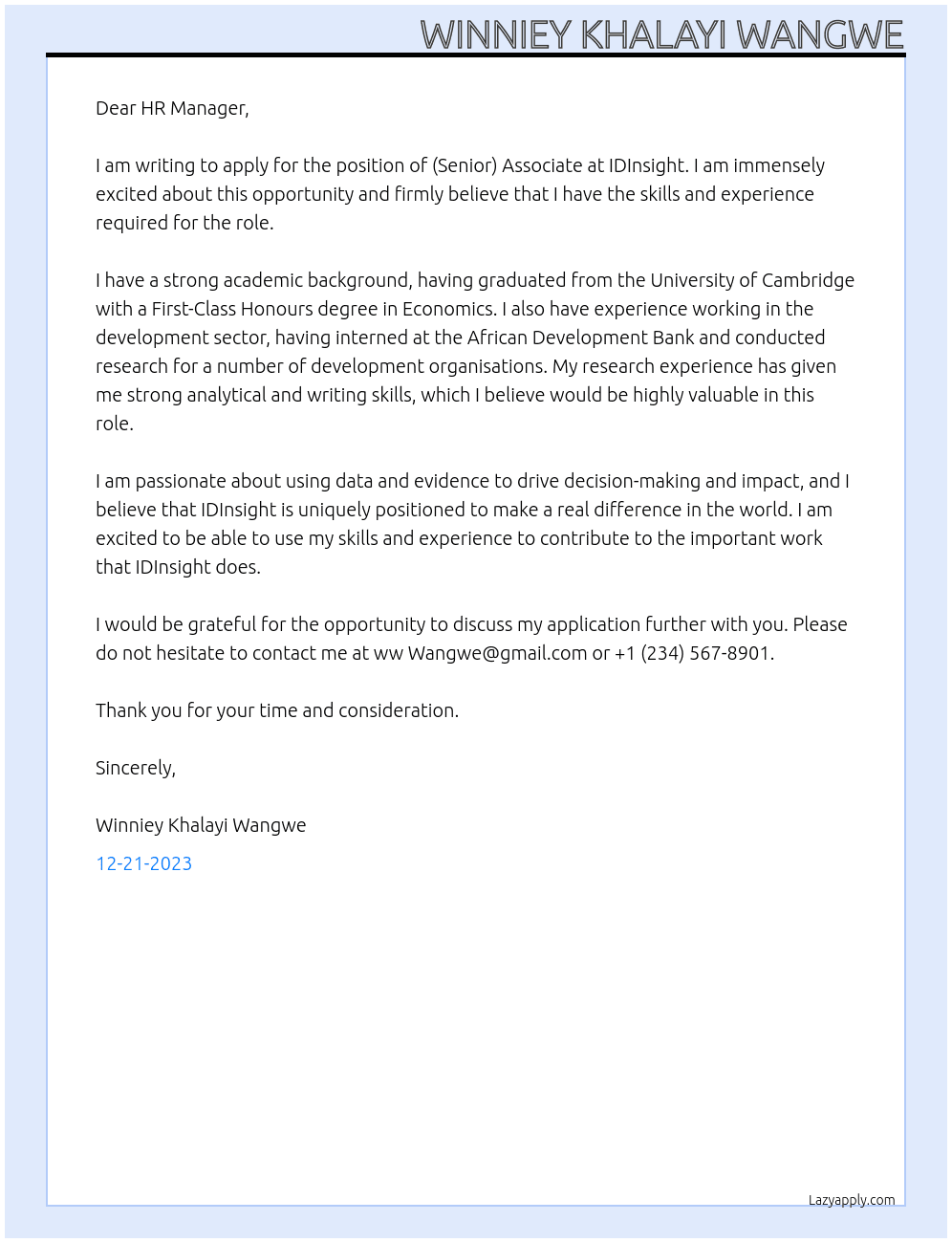 (Senior) Associate At IDInsight Cover Letter