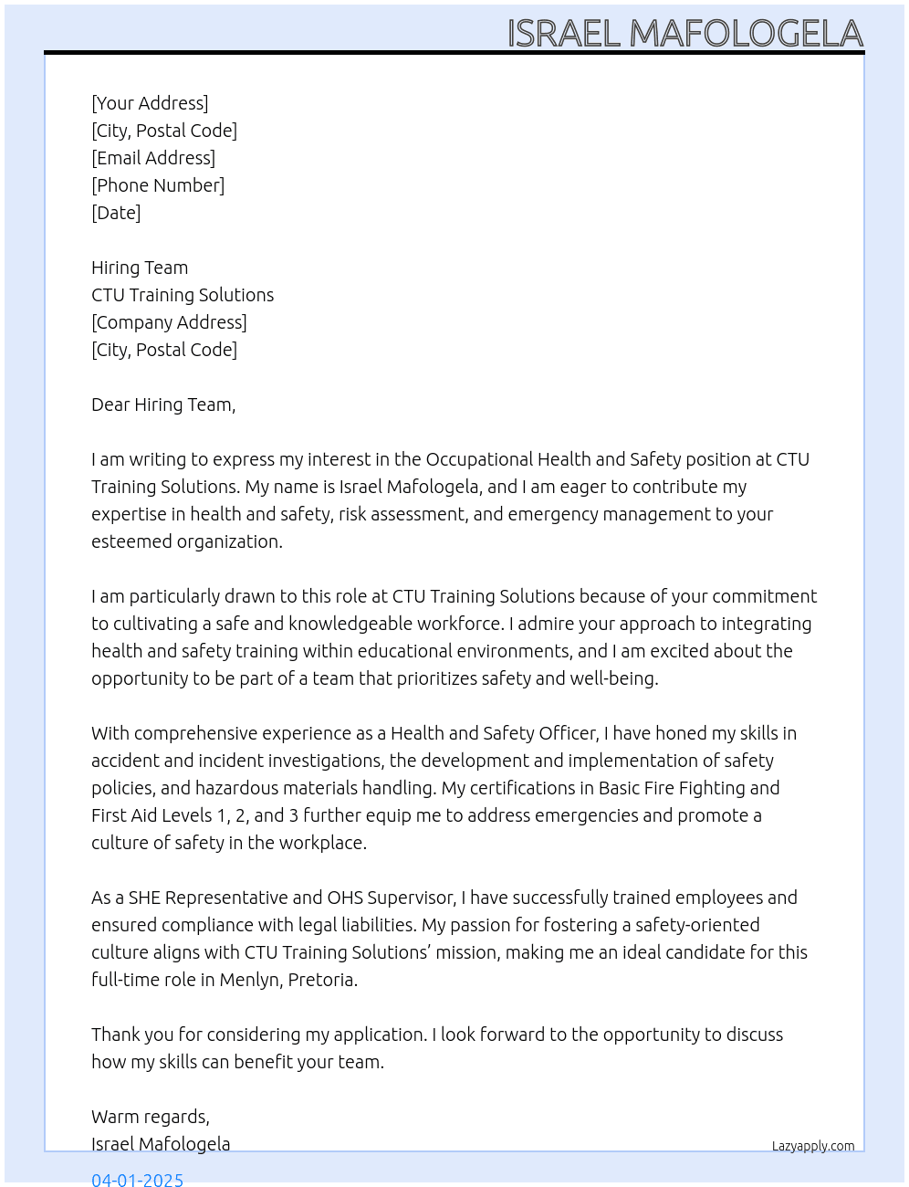 Occupational Health and Safety At CTU Training Solutions Cover Letter