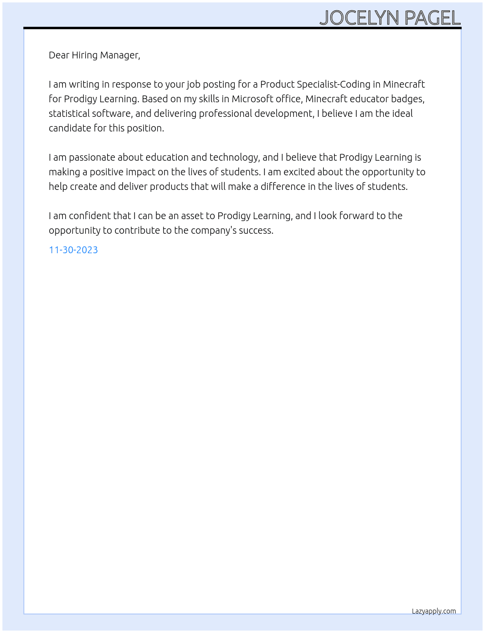 Product Specialist-Coding in Minecraft At Prodigy Learning Cover Letter