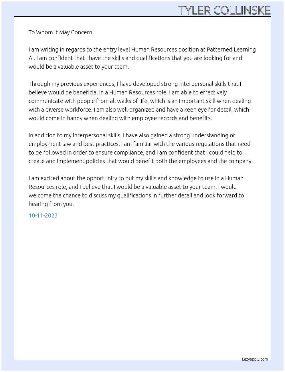 Human Resources (Entry Level) At Patterned Learning AI Cover Letter