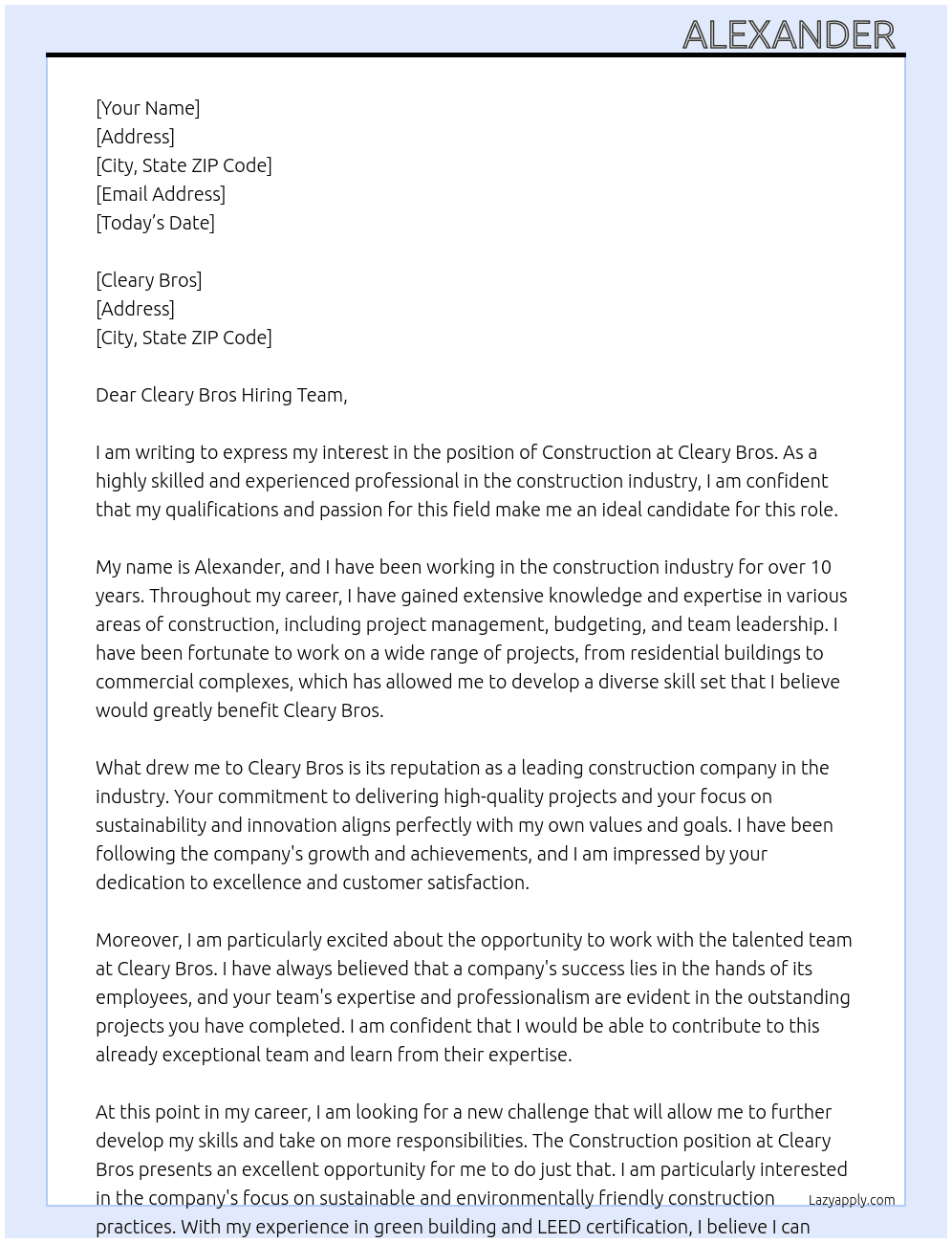 Construction  At Cleary Bros Cover Letter