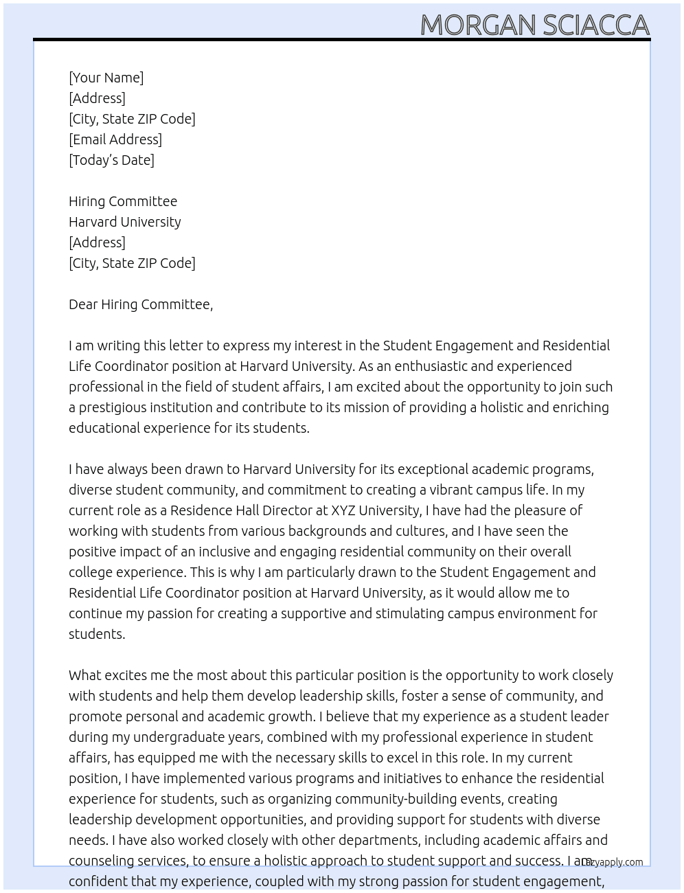 Student Engagement and Residential Life Coordinator At Harvard University Cover Letter