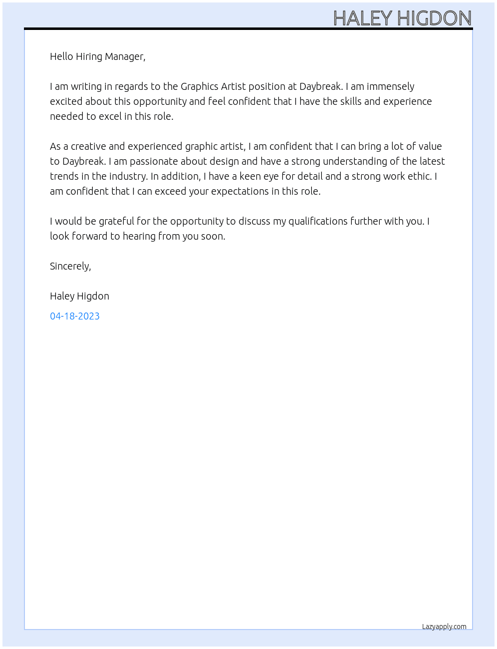 Graphics Artist At Daybreak Cover Letter