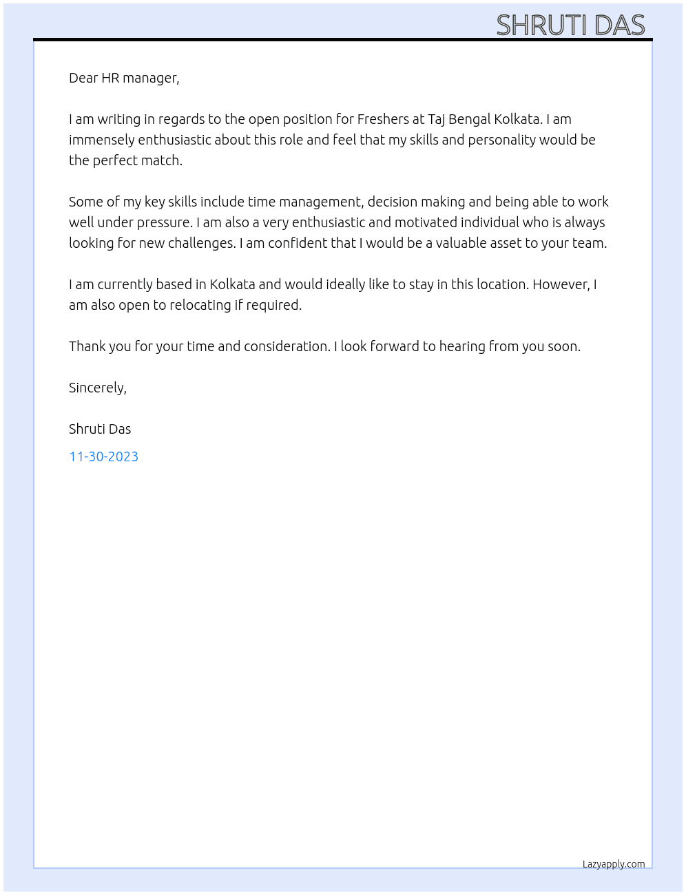 Freshers At Taj Bengal Kolkata  Cover Letter