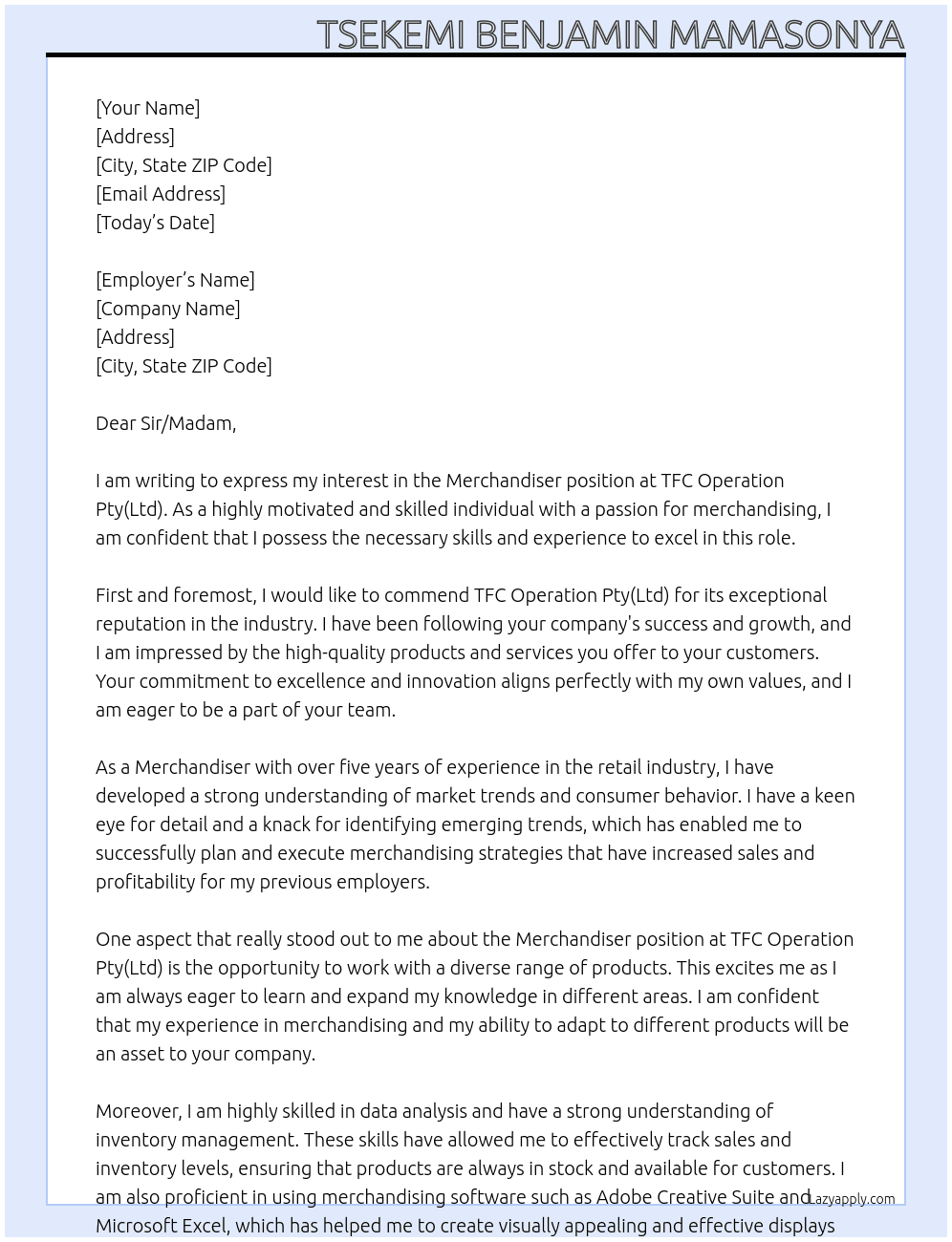 Merchandiser  At TFC Operation Pty(Ltd) Cover Letter