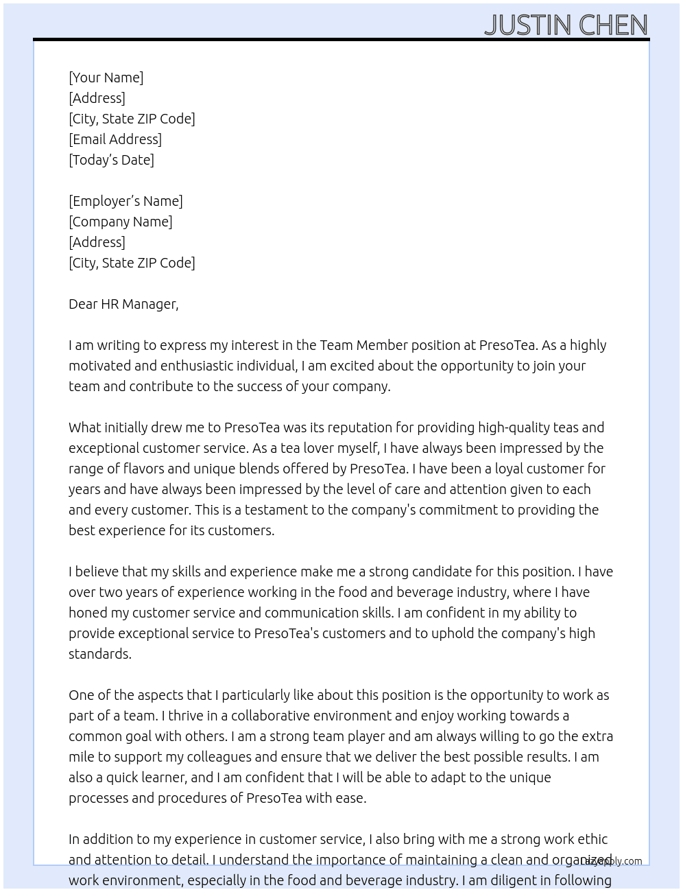 team member At PresoTea Cover Letter