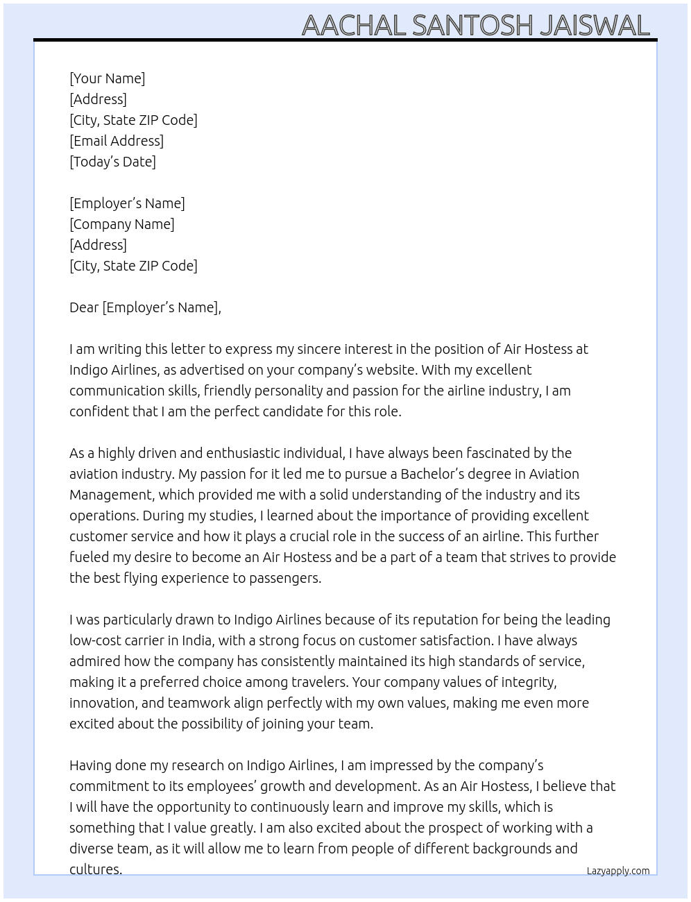 Air Hostess  At Indigo Airlines  Cover Letter