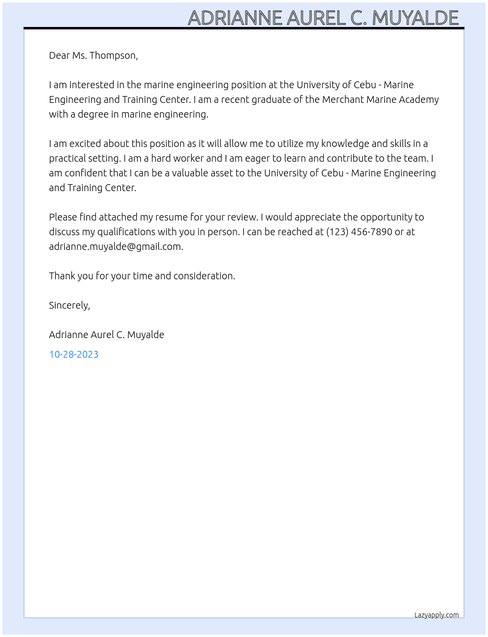 Marine Engineer  At University of Cebu - Marine Engineering and Training Center  Cover Letter