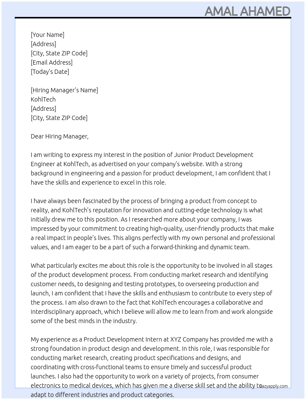 Junior Product Development Engineer At KohlTech Cover Letter