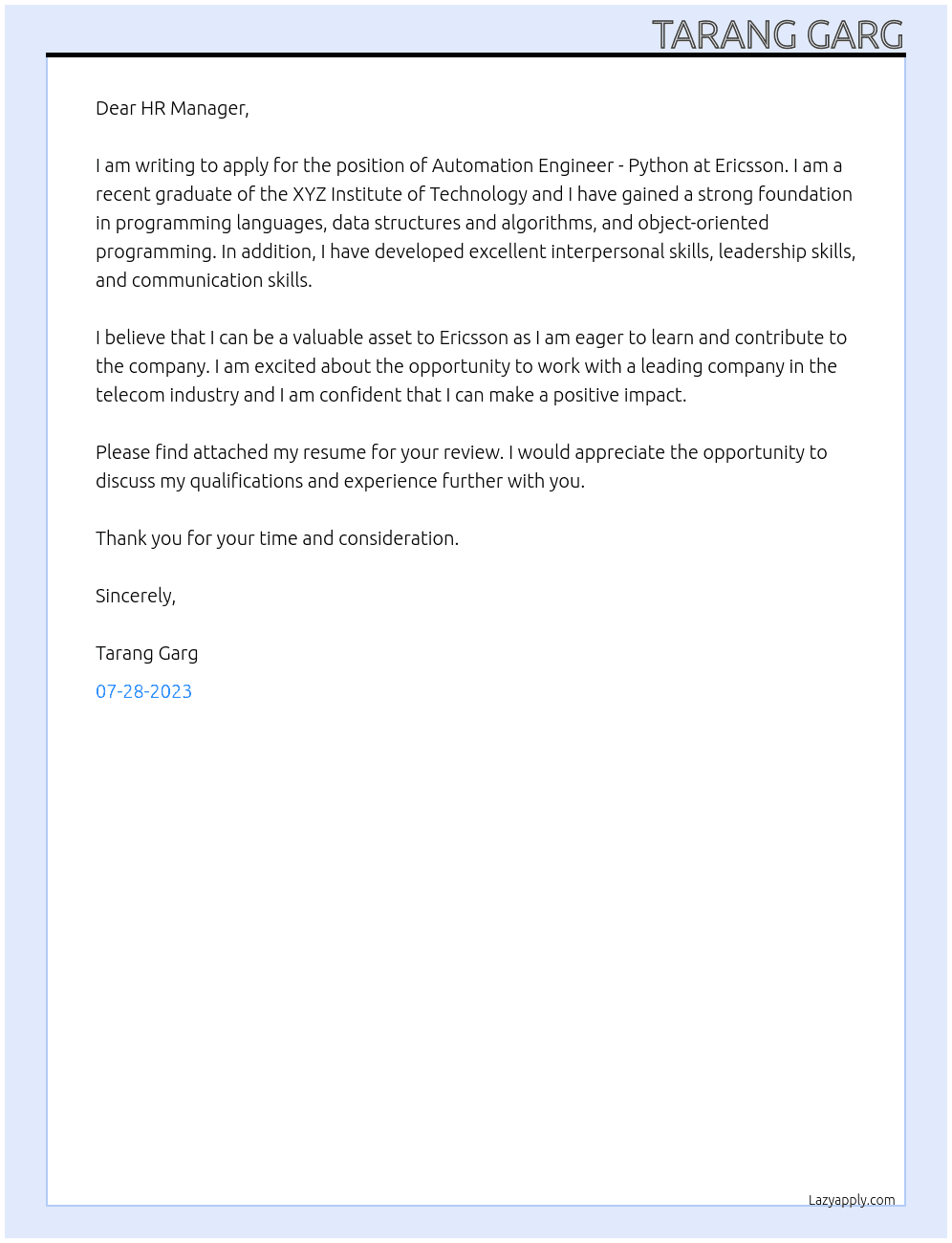 Automation Engineer - Python At Ericsson Cover Letter